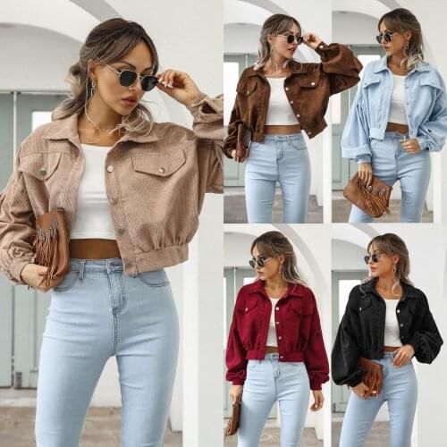 Womens fall/winter casual lapel corduroy jacket, lantern sleeve single-breasted short jacket