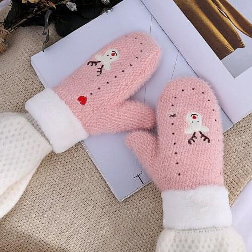 Female Cute Embroidery Cartoons Elk Full Fingers Gloves Women Winter Plus Thick Velvet Cashmere Plush Wool Knit Warm Mittens I32