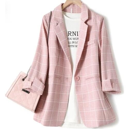 2021 Spring New Fashion Business Plaid Suits Women Work Office Ladies Cotton Linen Spring Casual Blazer