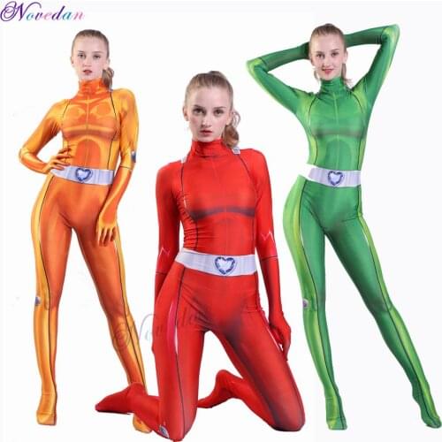 New Totally Spies Cosplay Costume For Women Girls Spandex Zentai Clover Ewing Samantha Simpson Alexandra Bodysuit Suit Jumpsuits