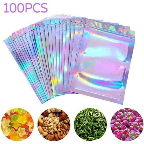 100X Zip Lock Bag Colorful Aluminum Foil Mylar Seal Bag Rainbow Laser Foil Heat Seal Zipper Pouch Packaging Bag with Tear Notch