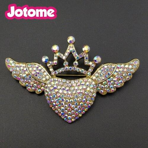 50pcs/lot gold tone Christmas gift 75mm AB crystal crown angel wing brooch pins