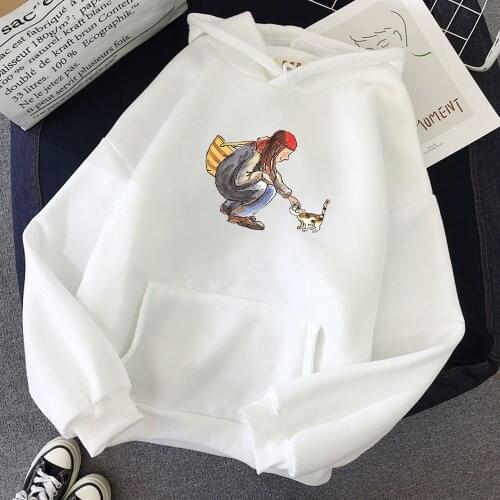 Womens Pullover Sweatshirt Kangaroo Pocket Hoodie Cat Cartoon Print Street Clothing Long Sleeve