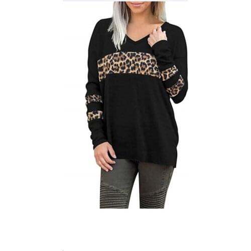 Leopard Print Split Joint V Lead Long Sleeve T shirt