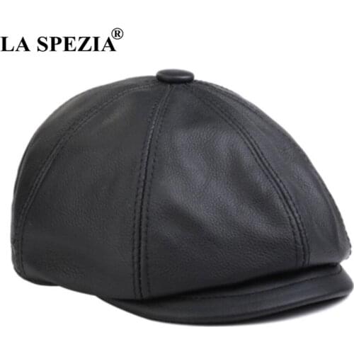 LA SPEZIA Black Newsboy Cap Men Winter Flat Hat Real Leather Cowhide Retro Thicken Warm Casual Male Octagonal Cap