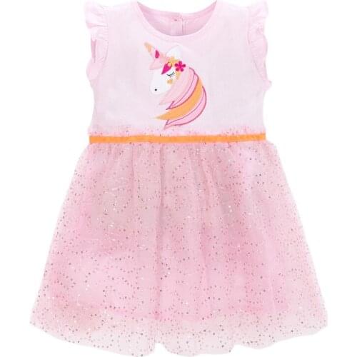 Little Maven New Spring Autumn Children Pink O-neck Applique Pegasus Gauze Sequin Girls 2-7yrs Short Cotton Knitted Cute Dresses