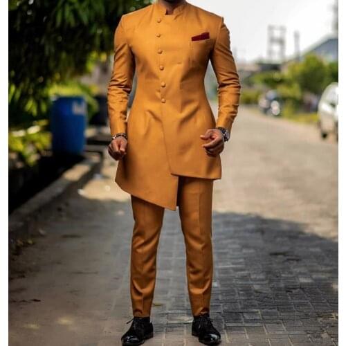 Handsome Groomsmen Mandarin Lapel Groom Tuxedos Mens Wedding Dress Man Jacket Blazer Prom Dinner (Jacket+Pants+Tie) K93