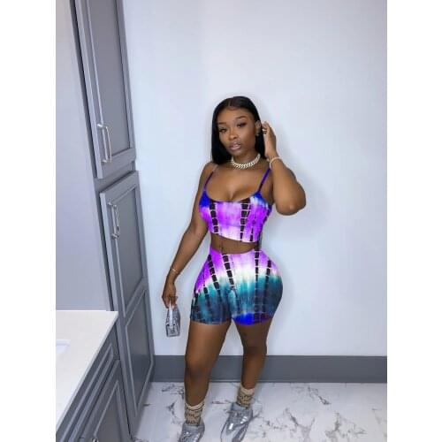 VAZN 2021 Summer European and American Womens Fashion Casual Tie-Dye Print Halter + Shorts Two-Piece Set