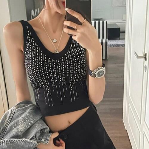 Women Tank Top Sleeveless V-neck Short Vest Diamond Top Black White Ins