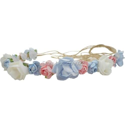 Fashion Blue Pink White Paper Foam Rose Flower Girl Crown Bridal Burlap Head Band Hair Accessory Boho Winter Wedding Hairwear