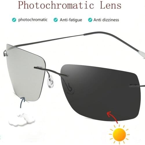 Mens Square Polarized Photochromatic Sunglasses Rimless Ultra Light Hingeless Titanium Outdoor Driving Transition Chameleon Lens