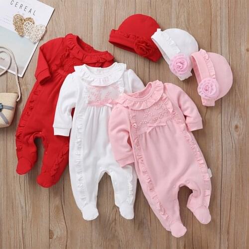Newborn Infant Baby Girls Solid Ruffles Lace Romper Jumpsuit+Hat Outfits Sets Cotton Infant Body long Sleeve baby Jumpsuit