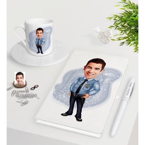 Personalized Male Police Caricature Of White Notebook Pen Turkish Coffee Cup Seti-1