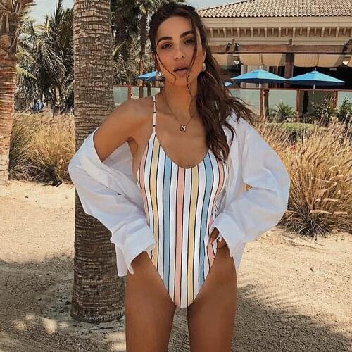 Striped Print One Piece Swimsuit 2021 Sexy Cross Backless Swimwear Women Push Up Monokini Bathing Suits Summer Beach Wear Bather