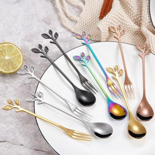 Stainless Steel Tableware Gold-plated Coffee Dessert Spoon Hotel Restaurant Simple Fruit Fork Creative Leaf Spoon