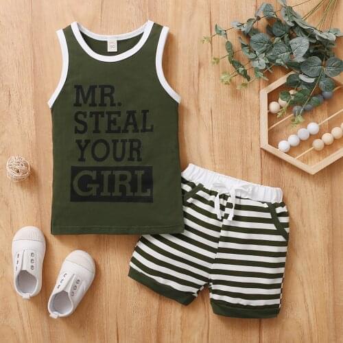 Pudcoco Little Boy’s Vest and Shorts Suit Special Letter Printed Sleeveless Tops and Stripe Short Pants