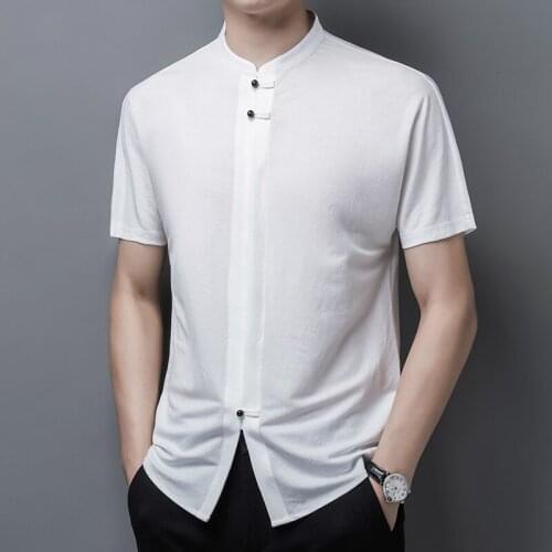 Summer White Stylish Mandarin Collar Shirts For Mens Chinese Collar Vintage Blouse Large Size Elegant Dress Shirts Summer Tee