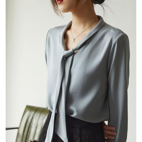 Simple and Elegant Drooping Satin Shirt 2021 Bow French Tops Girl Solid Long Sleeve Shirt Women Grey Blue Button Up Clothes 0979