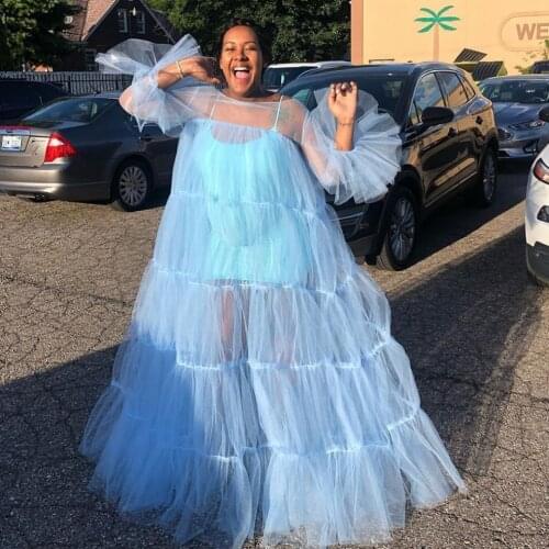 Sexy Sky Blue See Thru A-line Long Prom Gowns Dress With Puffy Full Sleeves Pleated Prom Gowns Party Dresses