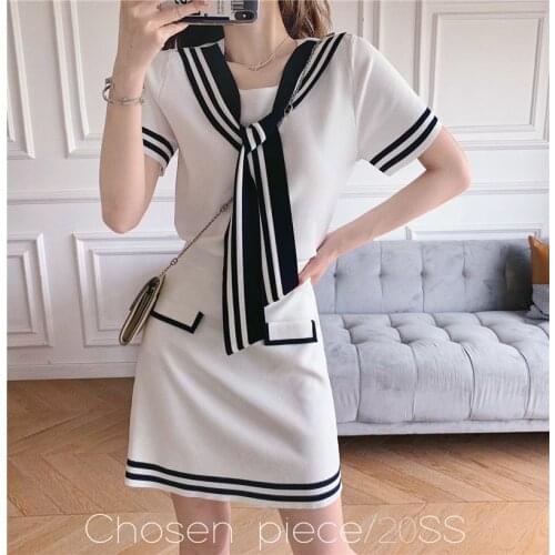 Feature Piece han edition of suit Marine ice silk knitting coat lapels a-line skirt two-piece outfit