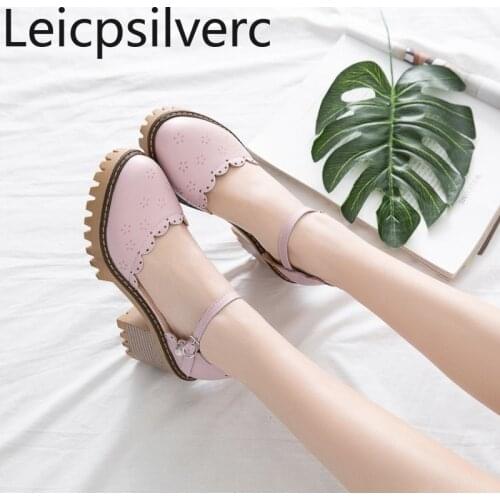 Pumps Spring and autumn new style Pearl Round head Shallow mouth Buckle Thick heel High heel Womens shoe plus size 33-43