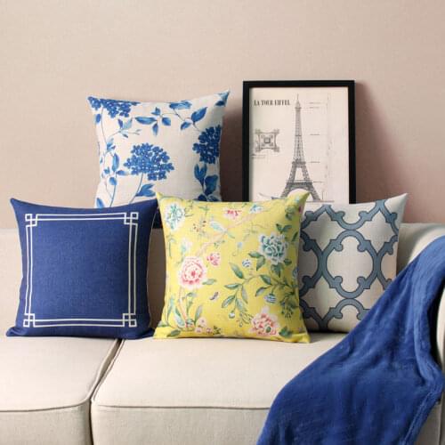 Vintage Blue Gemetric Pillow Cover Linen Cotton Decorative Cushion Cover Home Decor Flowers Throw Pillows Pillowcase 45cm