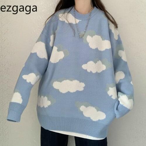 Ezgaga Blue Sky Clouds Sweater Harajuku 2020 Autumn Winter Fashion Knit Vest Tops Loose Ladies Pullover Streetwear Women Jumper