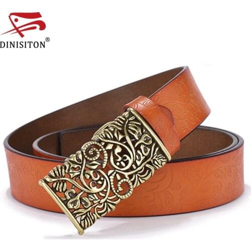 DINISITON New Fashion Women Belt Cowhide Carved Flower Strap Genuine Leather Belt For Women Strap Vintage High Quality