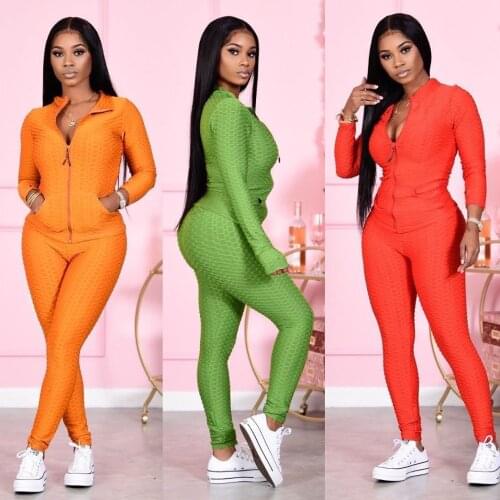 2020 Autumn/Winter Womens 2 Pieces Sets New Fashion Fish Scale Bubble Jacquard Leisure Sports Home Set Women Suit Sets