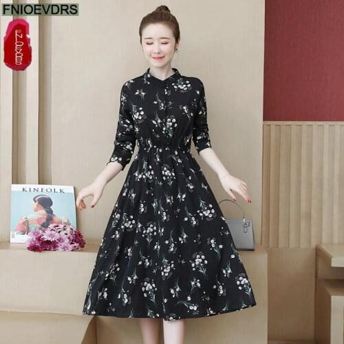 2021 Spring Autumn Female Vestidos Women Fashion Long Sleeve Retro Vintage Floral Print Single Breasted Button Shirt Dress
