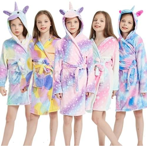 Winter Big Boys Girls Bath Robe Children Unicorn Hooded Flannel Pajamas Cartoon Bathrobes for Boys Girls Towel Pajamas Nightgown