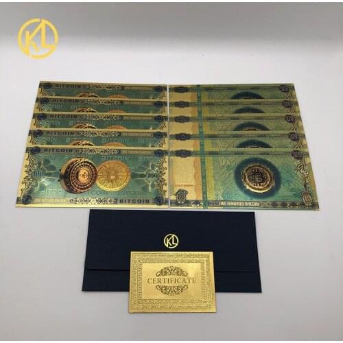 10pcs ONE or ONE HUNDRED BITCOIN Plastic Souvenir Gold Banknotes with Security UV Light 1pc Keychian or Necklace Collection