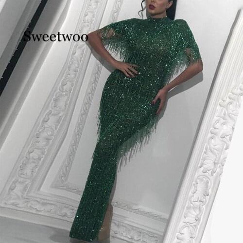 2020 Spring Summer Korean New Sexy Fishtail Retro Slim Tassel Dress Pack Hip Sequin Dress Elegant Short Sleeve Green Party Dres