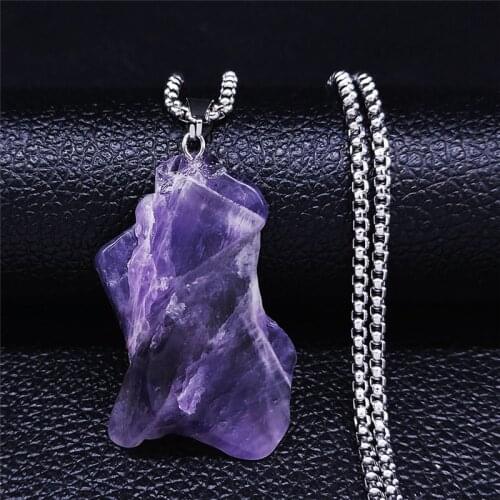 2021 Divination Natural Purple Crystal Stainless Steel Chain Necklace for Women/Men Silver Color Jewelry colier femme N5043S04