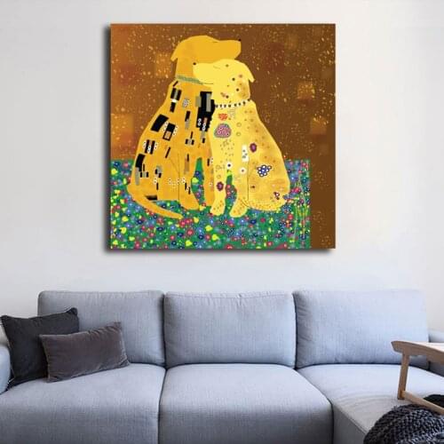 Abstract Kiss Dog Klimtes Canvas Painting Oil Print Poster Wall Art Picture for Living Room Bedroom Kids Home Decoration