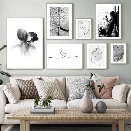 Abstract Couple Kiss Love Wall Art Poster Figure Line Drawing Print Architecture Leaf Palm Landscape Canvas Painting Home Decor