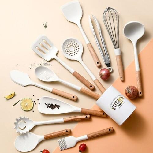 Non-Stick Silicone Cooking Utensils Heat Resistant Wooden Handle Spatula Spoon Egg Beaters Kitchenware Kitchen Accessories Stuff