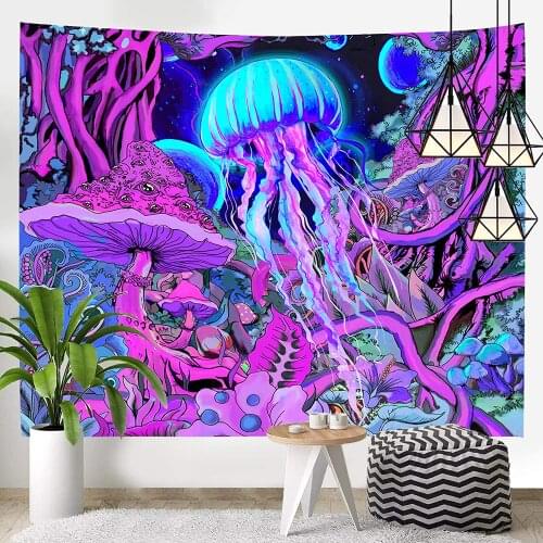 Hippie Mushroom Art Tapestry Wall Hanging Magical Forest Fantasy Space Planet Tapestry Psychedelic Jellyfish Wall Tapestry Tapiz
