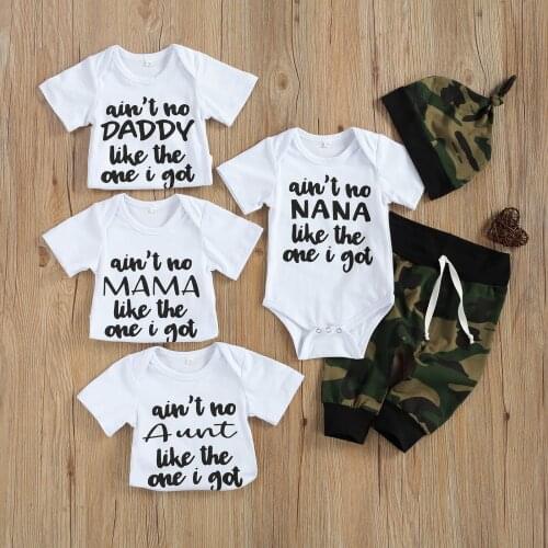Citgeett Summer Newborn Baby Boys Girls Casual Outfits Letter Print Short Sleeve Romper + Camouflage Pants Cap Set