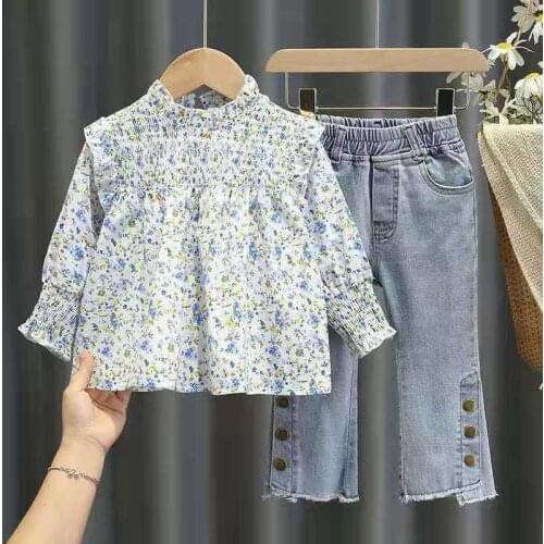 Girls Suit 2021 Spring New Net Red Baby Princess Doll Shirt Soft Jeans Two-Piece Western Style