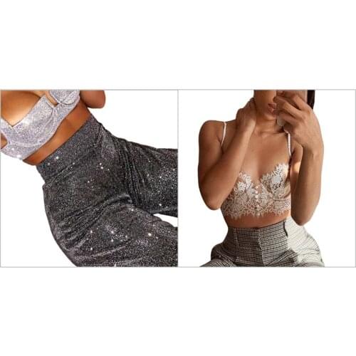 Backless Lace Camisole Women Backless Crop Top with Womens Silver Sequined High Waist Wide Leg Pants L