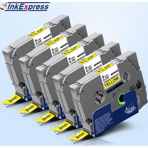 InkExpress 5PCS TZe-S621 Label Tape For Brother P-touch Label Maker tze-s621 Black on Yellow Strong Adhesive Laminated Tape 9mm