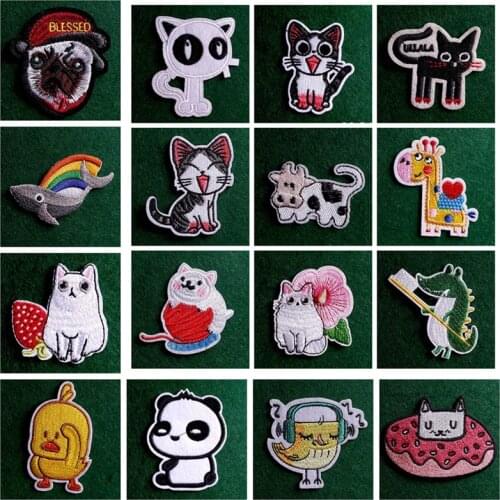 Prajna Cartoon Embroidered Patches for Clothing Cute Animal Stripe Patch Stickers Cat Dog Duck Patch Iron on Patches for Clothes