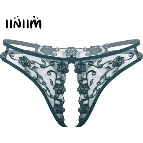 Mens Lingerie Open Crotch Underwear Flower Embroidery Gay Male Crotchless Briefs Panties Low Waist See-Through Thongs Underpants