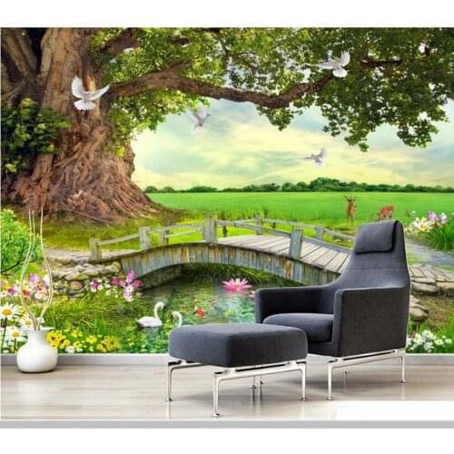Papel de parede green big tree forest landscape painting 3d wallpaper,living room tv wall bedroom wall papers home decor mural