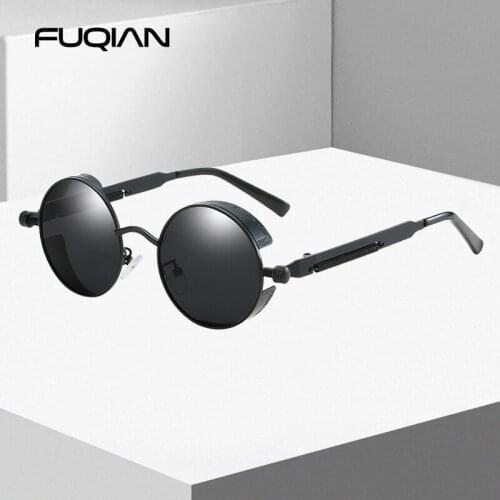 FUQIAN Classic Round Polarized Sunglasses Men Women Fashion Steampunk Metal Sun Glasses Ladies Cool Black Driving Eyeglasses