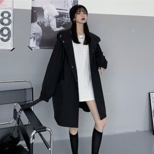 Autumn Loose Korean Black Trench Coat For Women Oversized Casual Long Coats Outwear Fashion Windbreaker Couples With Hooded