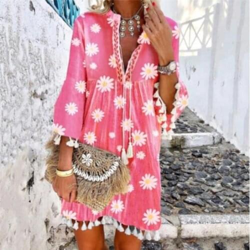 Casual dresses for women 2021 elegant Pop Bohemian casual chrysanthemum tassel dress loose print tassel shirt pink dress