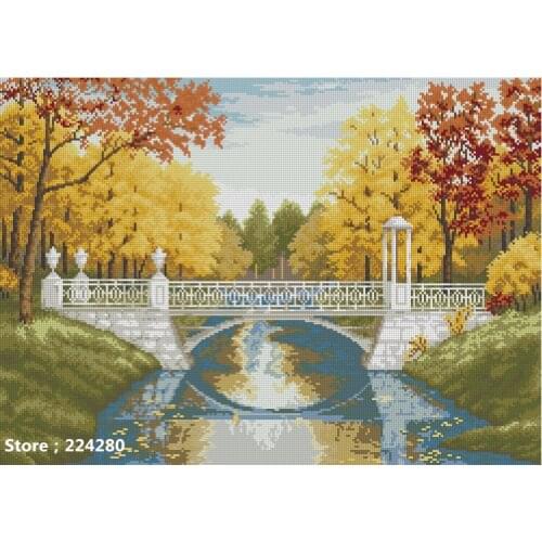 Needlework,embroidery,DIY 14CT Unprinted Cross stitch kits,Autumn scenery forest Bridge River counted Cross-Stitching decor
