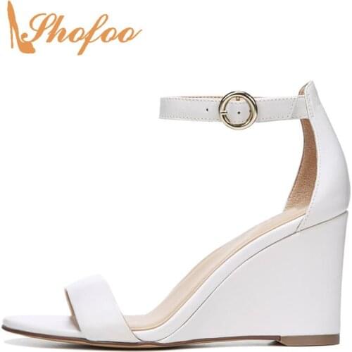 Shofoo Sandal Black/White Solid Buckle StrapSuper High Wedges Heels Ankle-Wrap Cover Heel Leisure Fashion Concise 2021 Summer